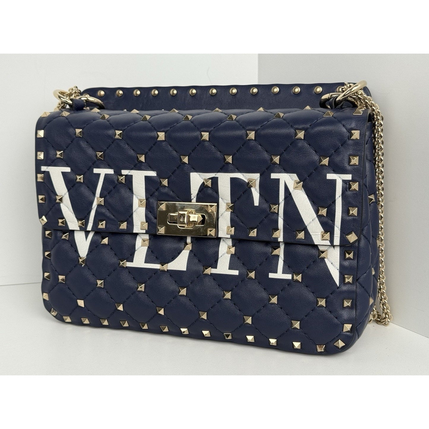 Valentino Garavani Nappa VLTN Print Medium Rockstud Spike Shoulder Bag Navy Blue
