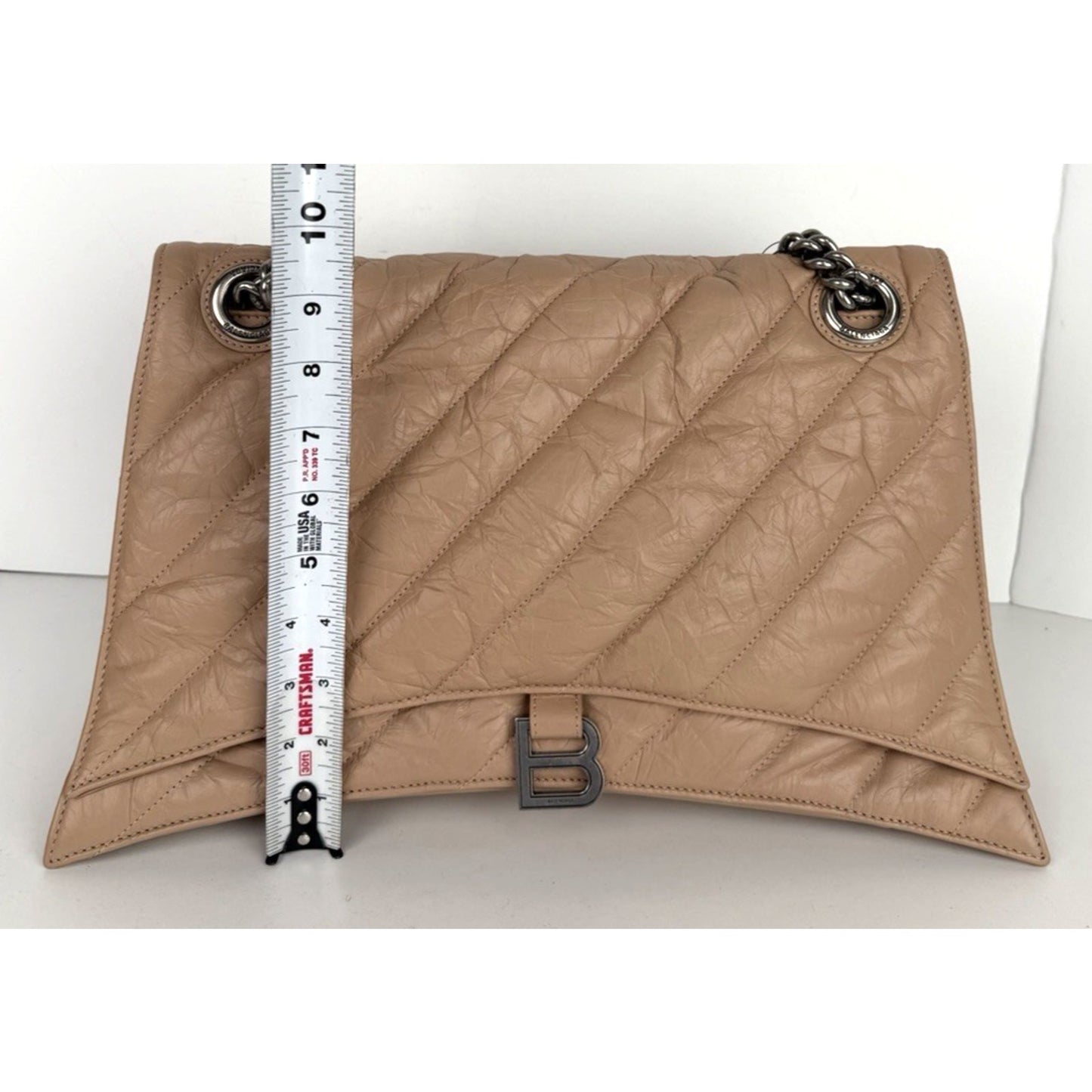 Balenciaga Large Crush Quilted Leather Chain Shoulder Bag Light Beige E7