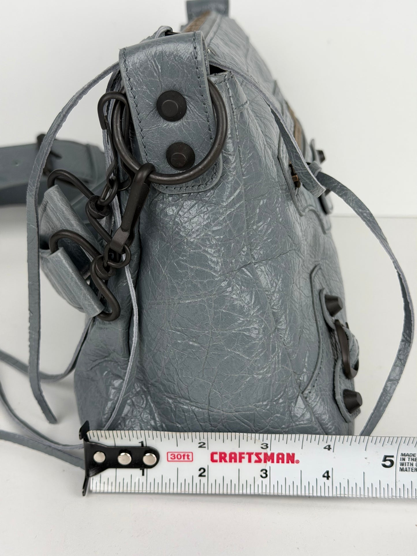 Balenciaga Le City Moto Shoulder Bag Small in Blue-Gray Crinkled Leather YC-5