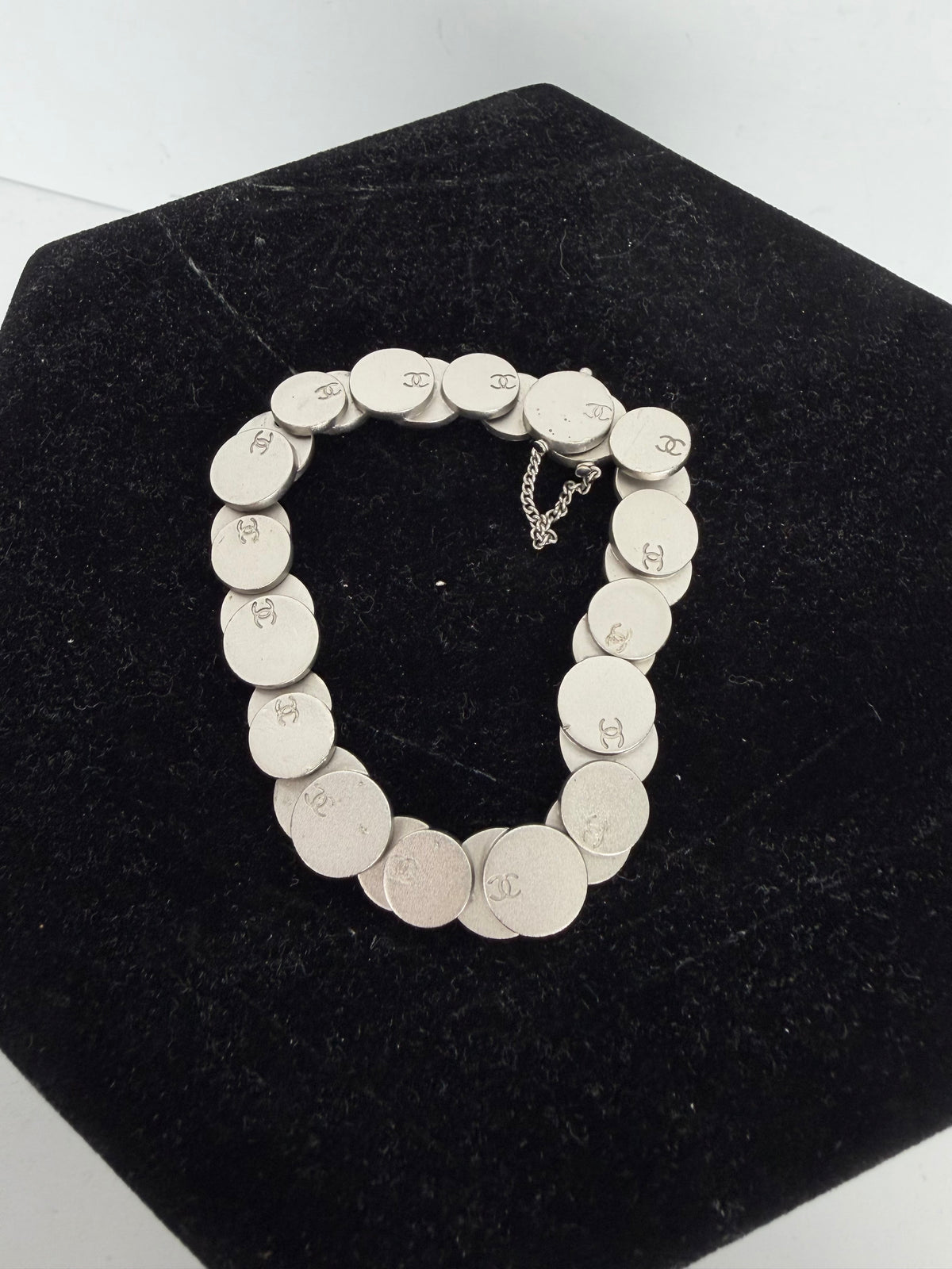 CHANEL Coco Mark Silver-Tone Coin Charm Bracelet Vintag 99C K1
