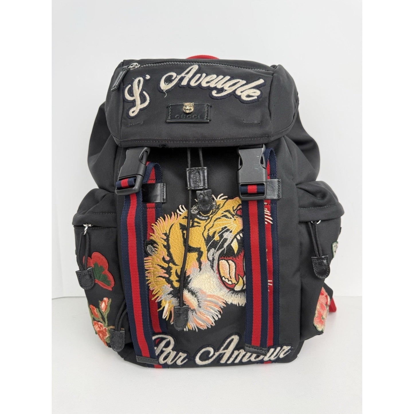 Gucci Animalier Tiger Head Embroidered Backpack Black Floral Butterfly