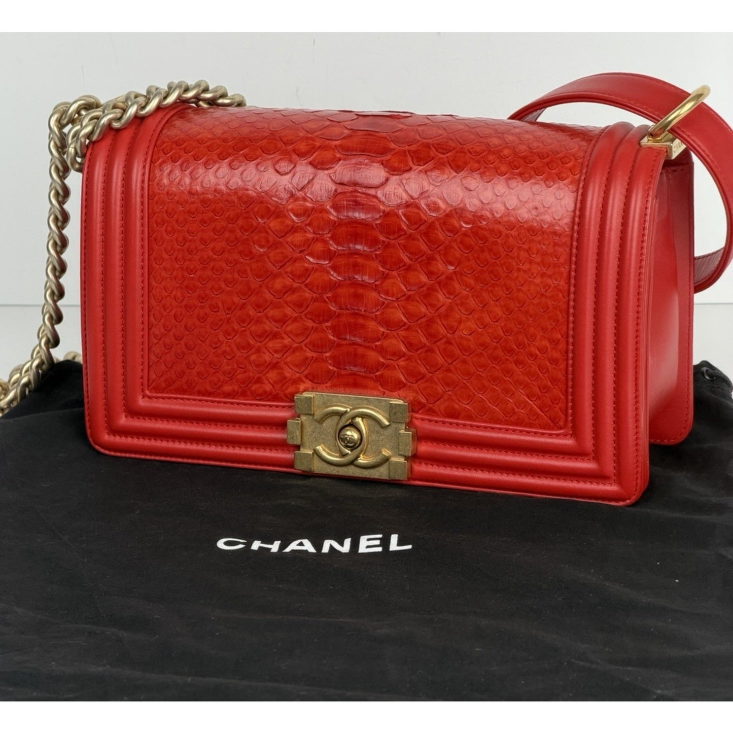 LAYAWAY: CHANEL Python Boy Bag Medium Red Leather Brushed Gold Hardware 2014 B4