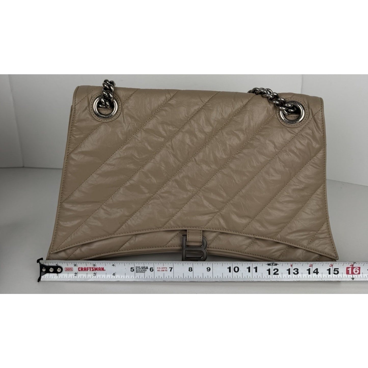 Balenciaga Large Crush Quilted Leather Chain Shoulder Bag Taupe E6