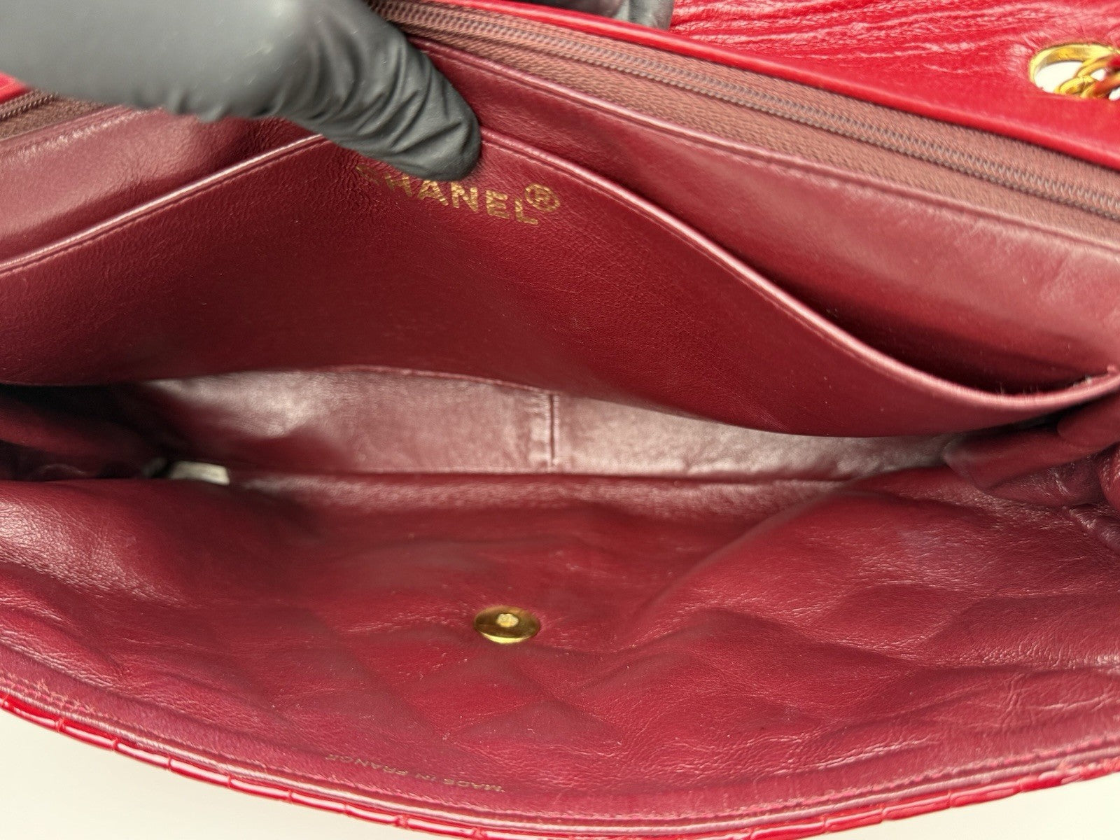 Chanel Vintage Patent Embossed Red Leather Flap Bag Maxi