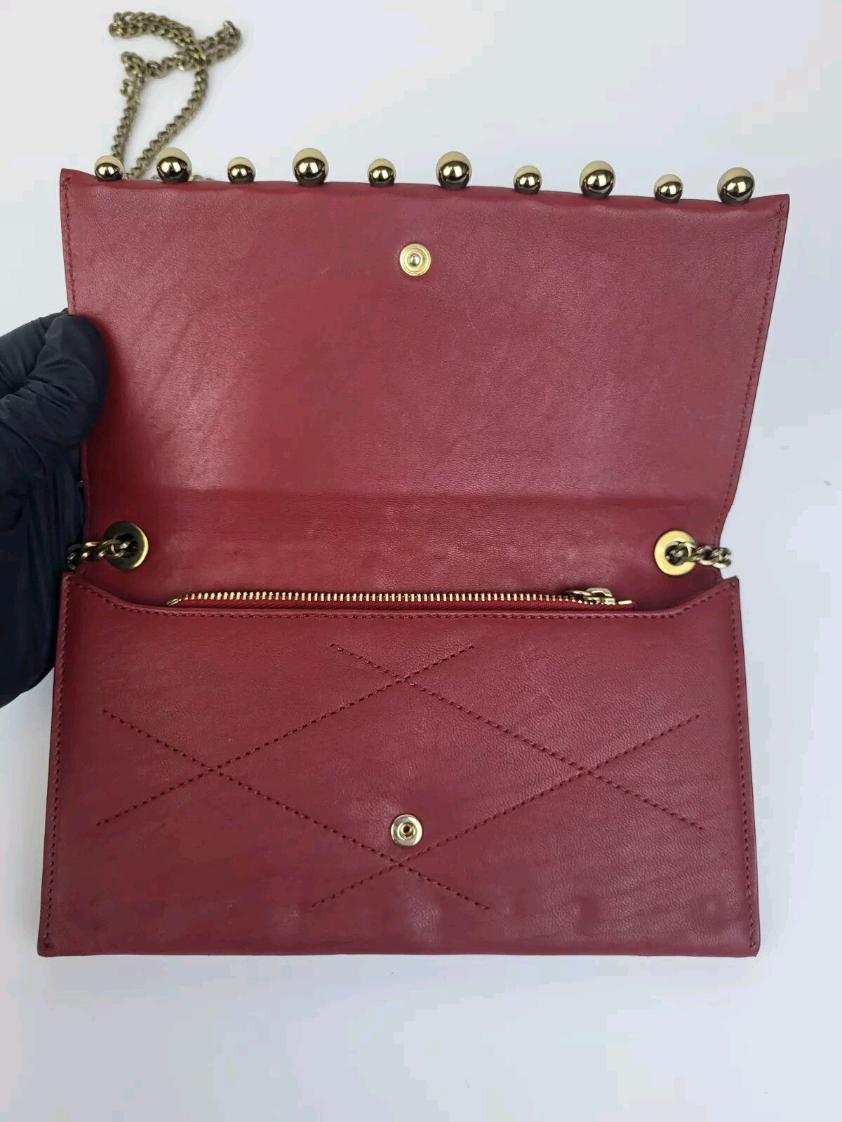 LANVIN Sugar Pearl Chain Strap Crossbody Shoulder Lambskin Wallet Purse - Red