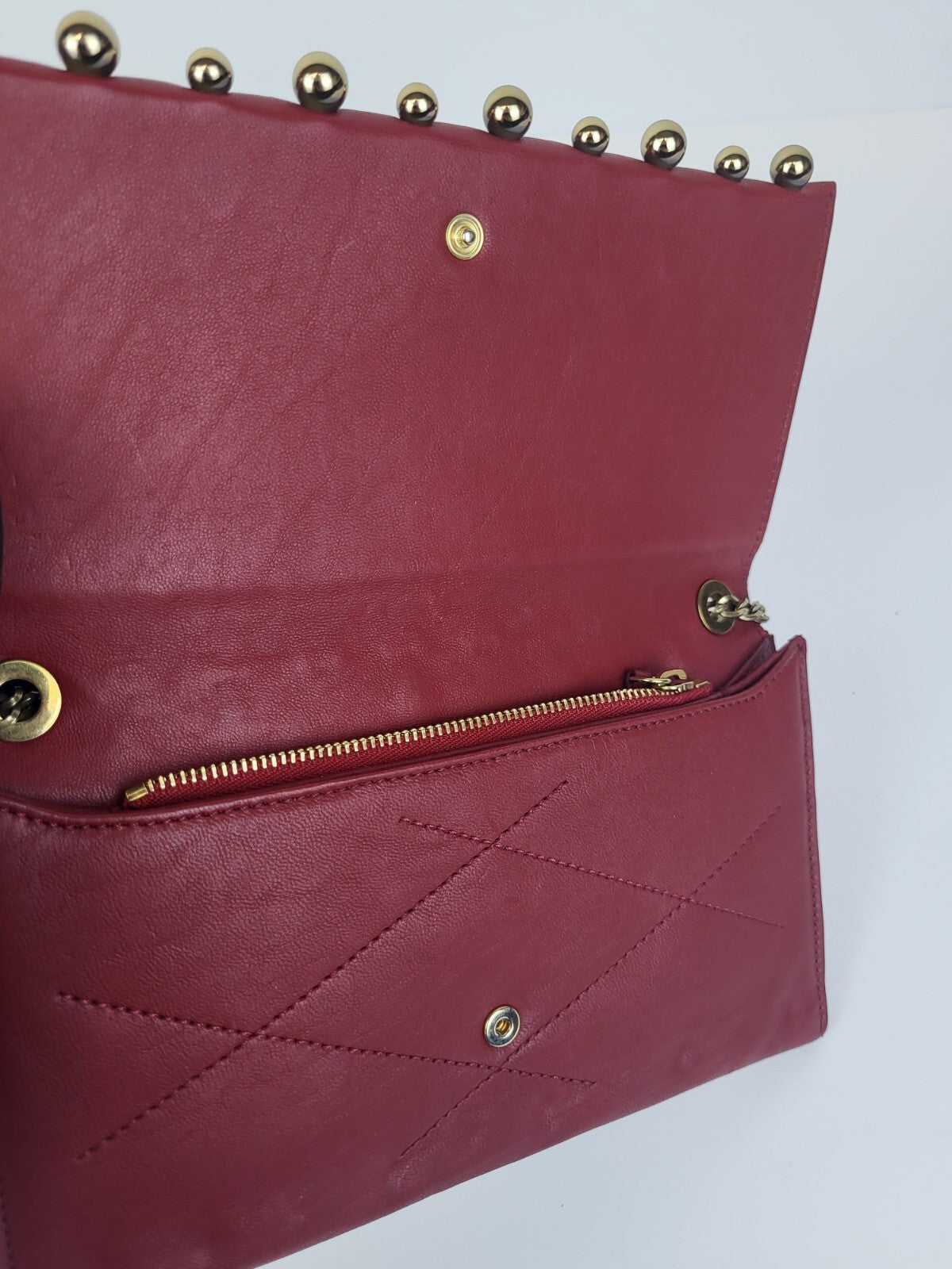 LANVIN Sugar Pearl Chain Strap Crossbody Shoulder Lambskin Wallet Purse - Red