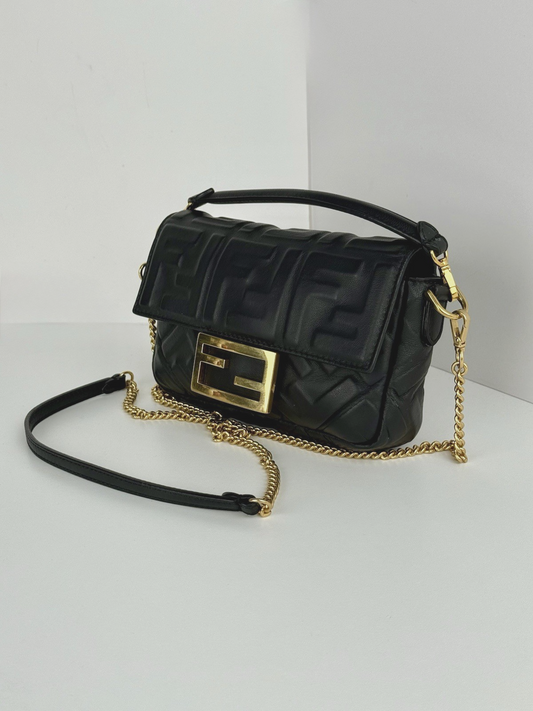 Fendi Mini Zucca Embossed Black Leather Baguette Satchel