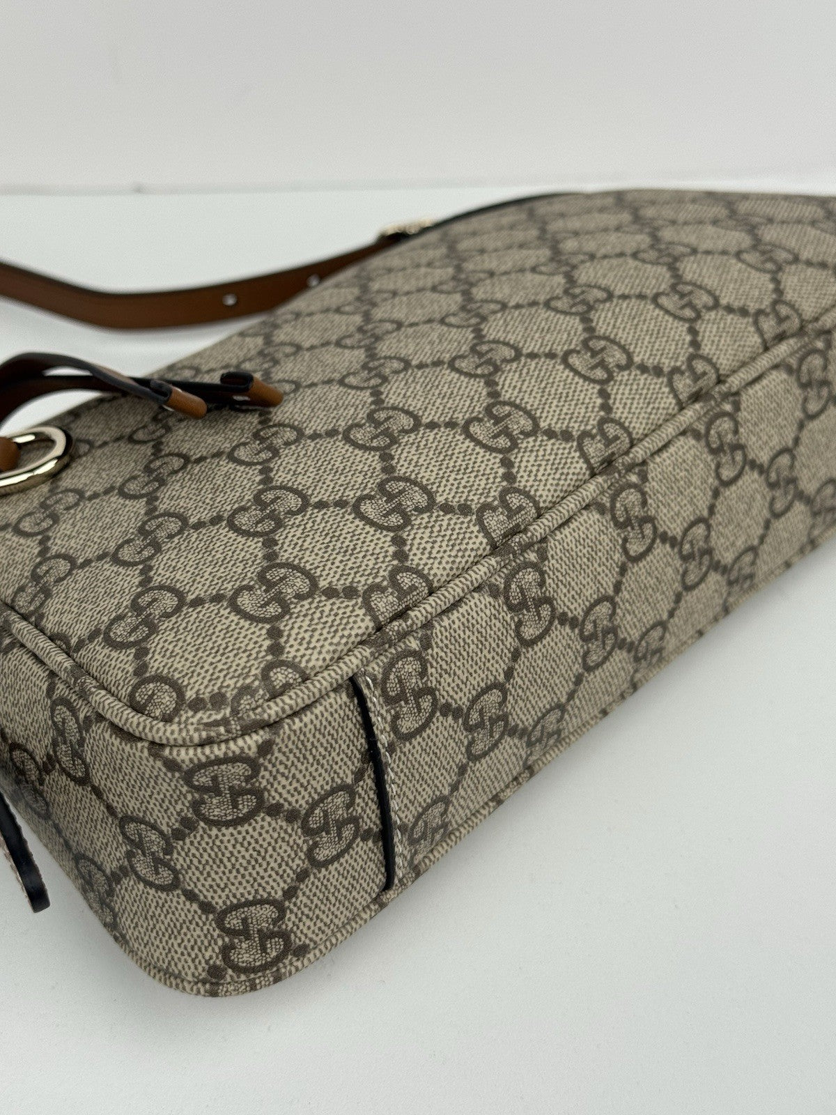 Gucci GG Supreme Monogram Textured Calfskin Emblem Shoulder Bag Beige Dark Brown