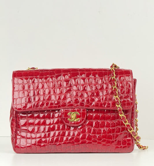 Chanel Vintage Patent Embossed Red Leather Flap Bag Maxi