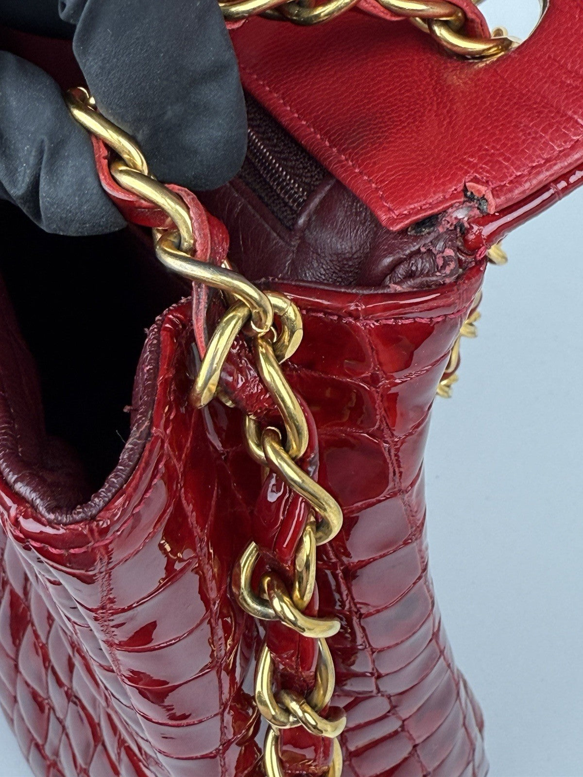 Chanel Vintage Patent Embossed Red Leather Flap Bag Maxi