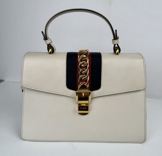 Gucci White Leather Calfskin Leather Vintage Web Sylvie Shoulder Bag