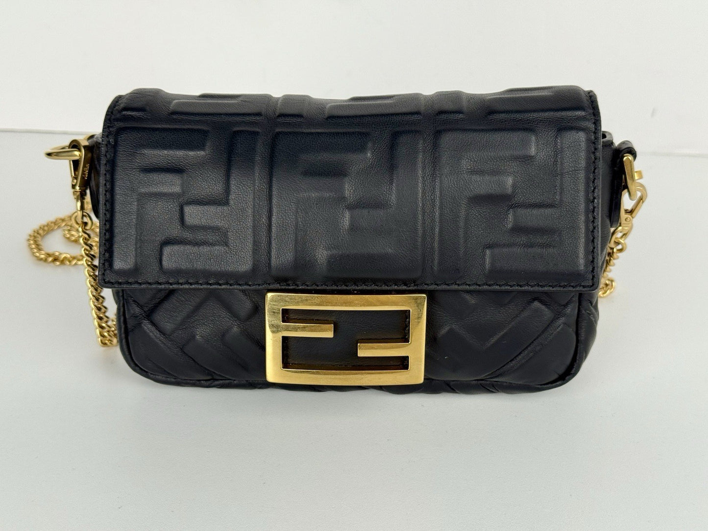 Fendi Mini Zucca Embossed Black Leather Baguette Satchel