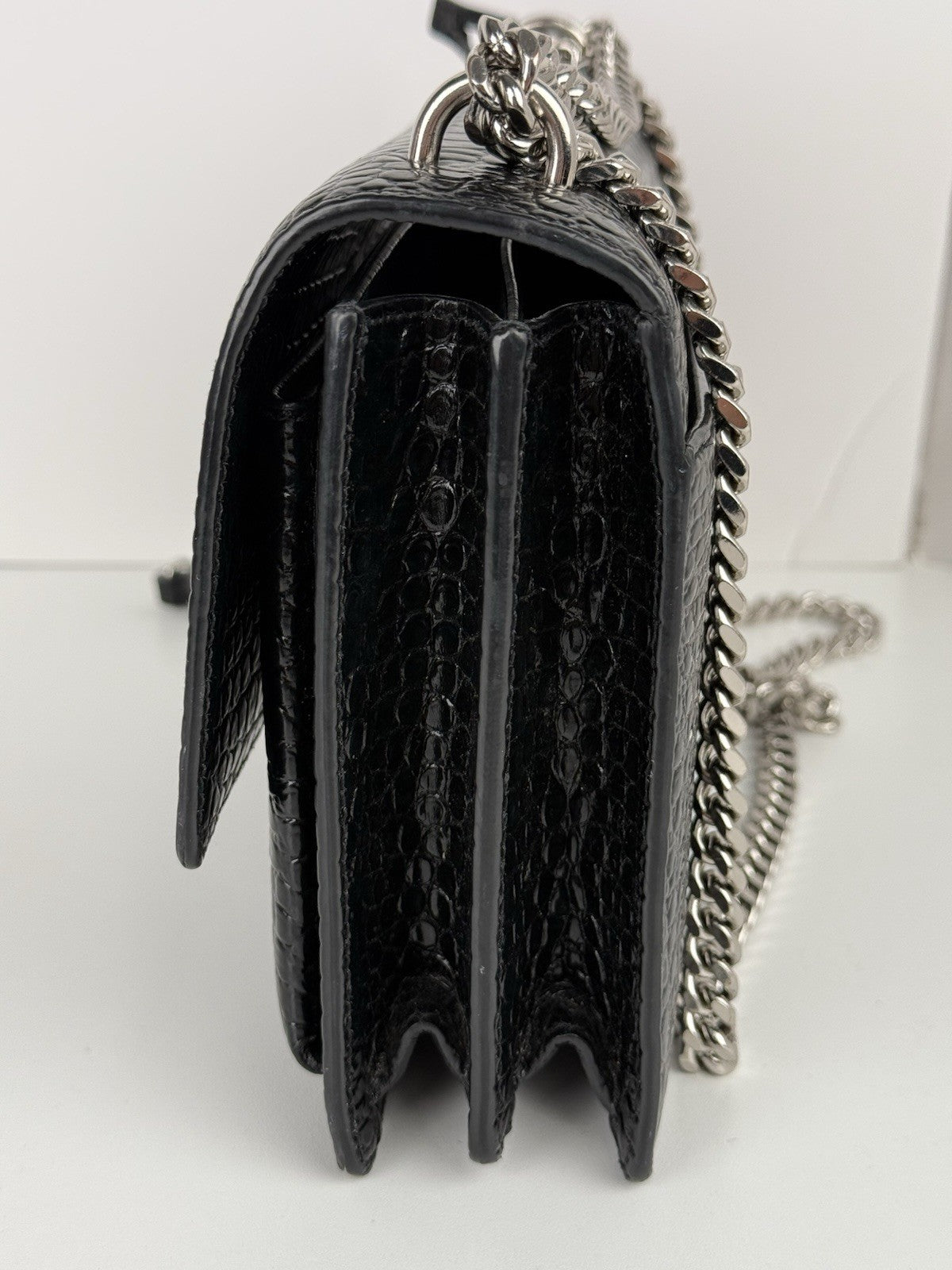 Saint Laurent Sunset Black Shiny Crocodile Embossed Leather Shoulder Bag