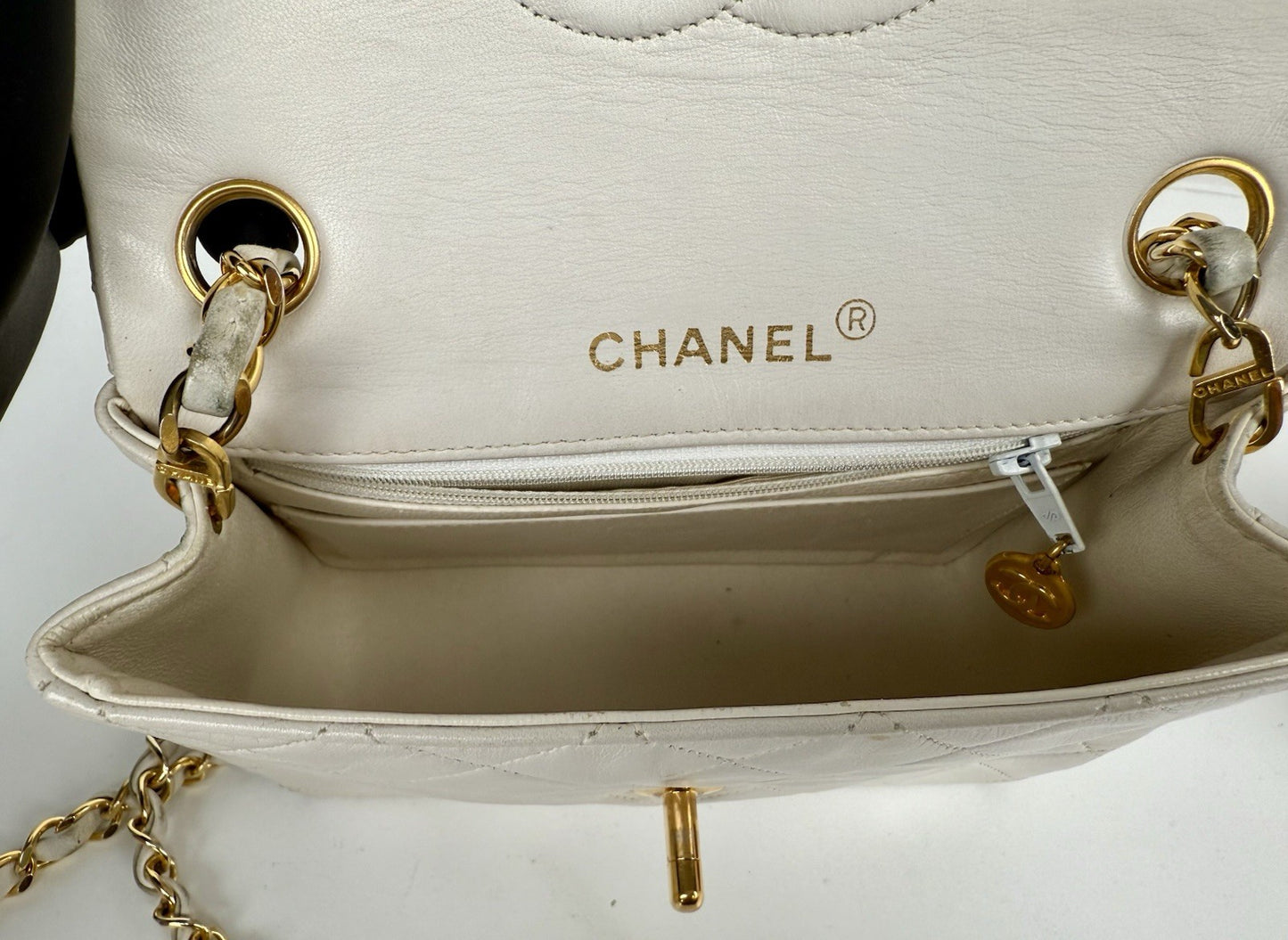Chanel Mini Square Flap Bag White Lambskin Gold Hardware Vintage Bag