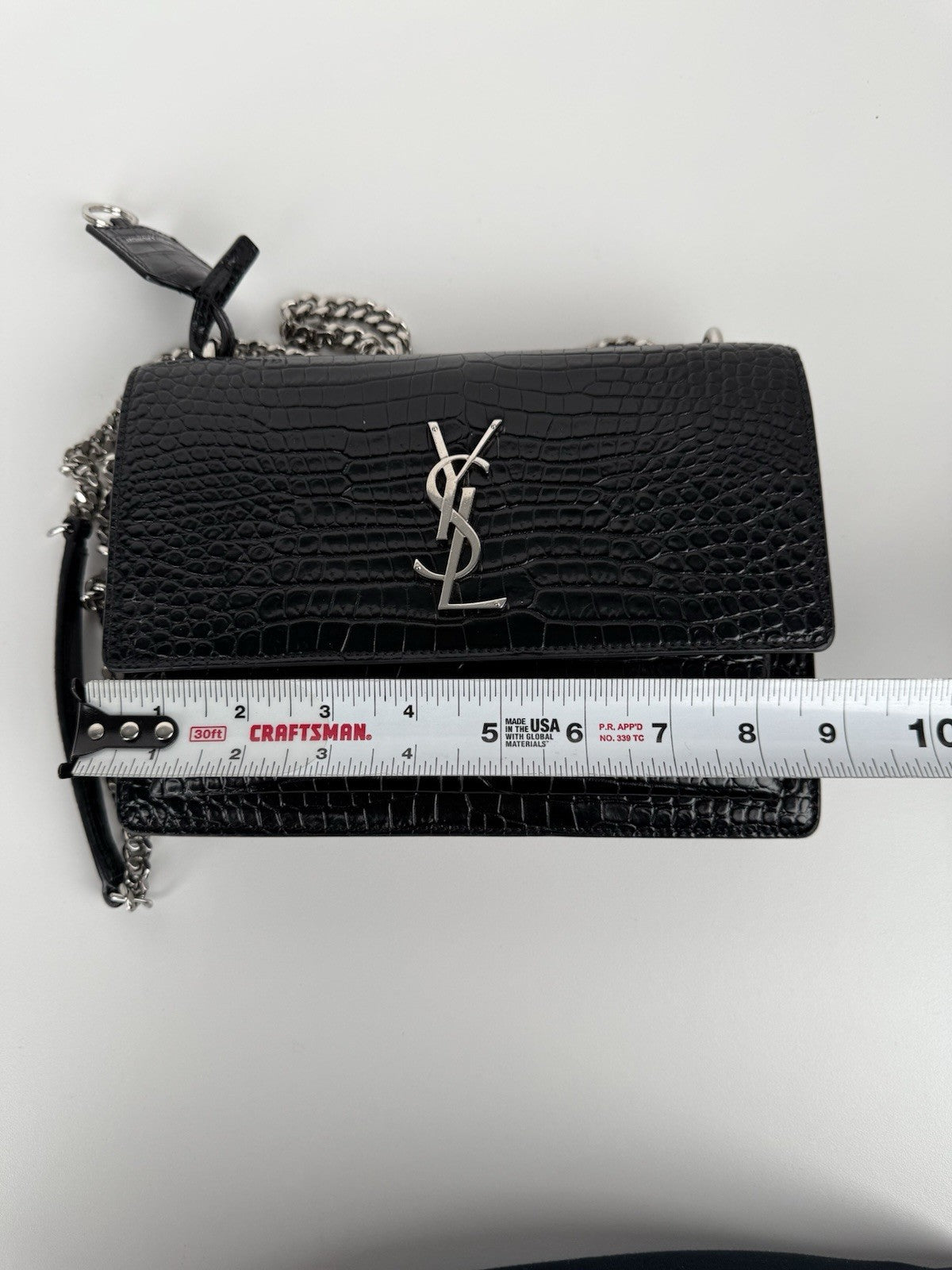 Saint Laurent Sunset Black Shiny Crocodile Embossed Leather Shoulder Bag