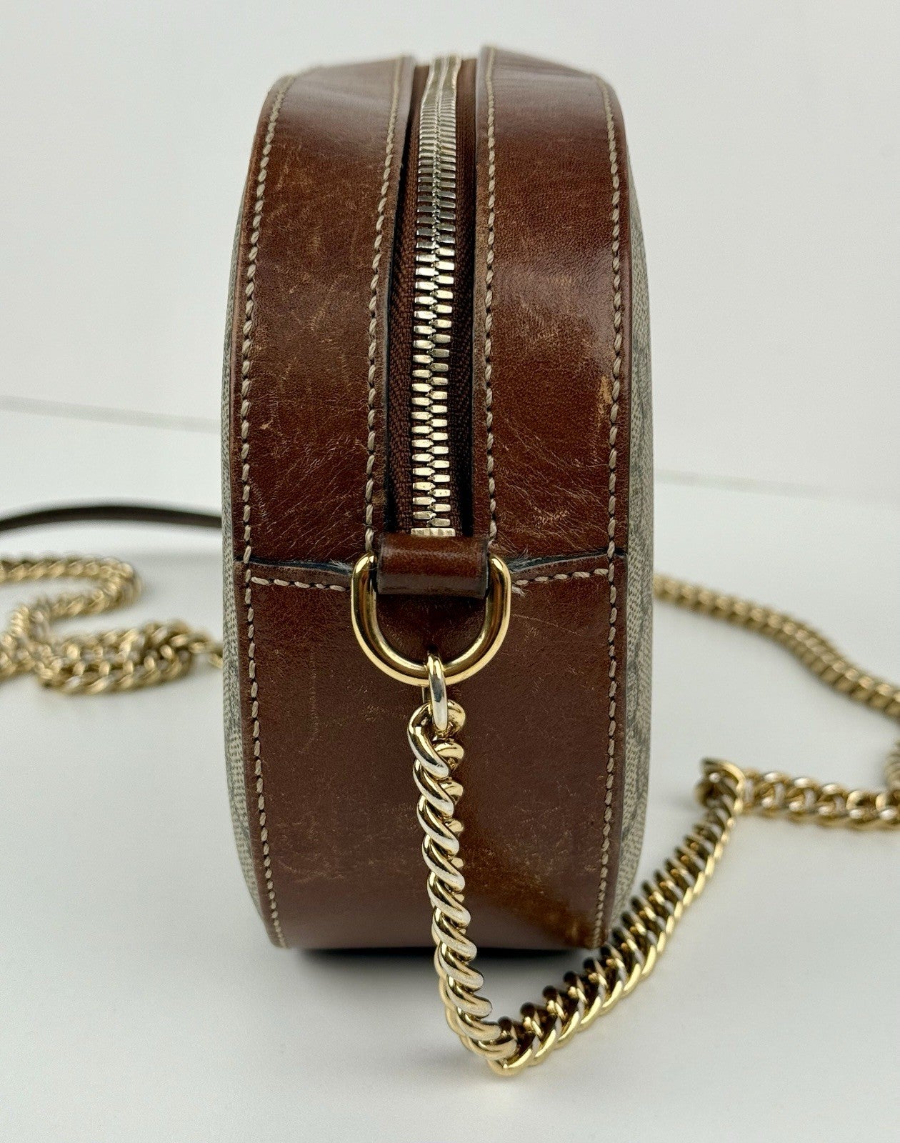 Gucci GG Supreme Monogram Cuoio Toscano Mini Chain Shoulder Bag Beige Ebony Cuir