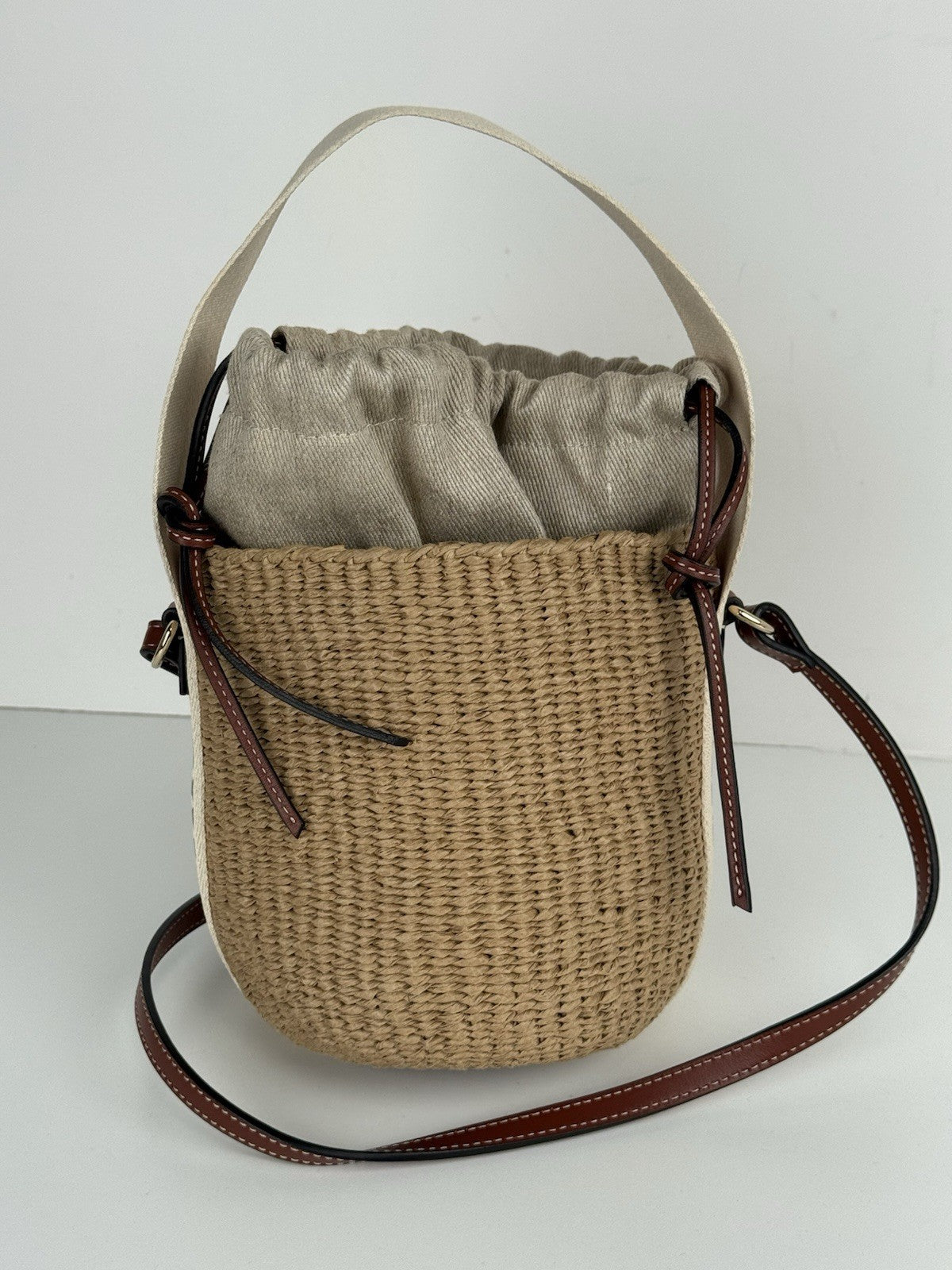 CHLOE Woody Small Raffia Basket Shoulder And Hand Bag 2 Way Canvas Leather
