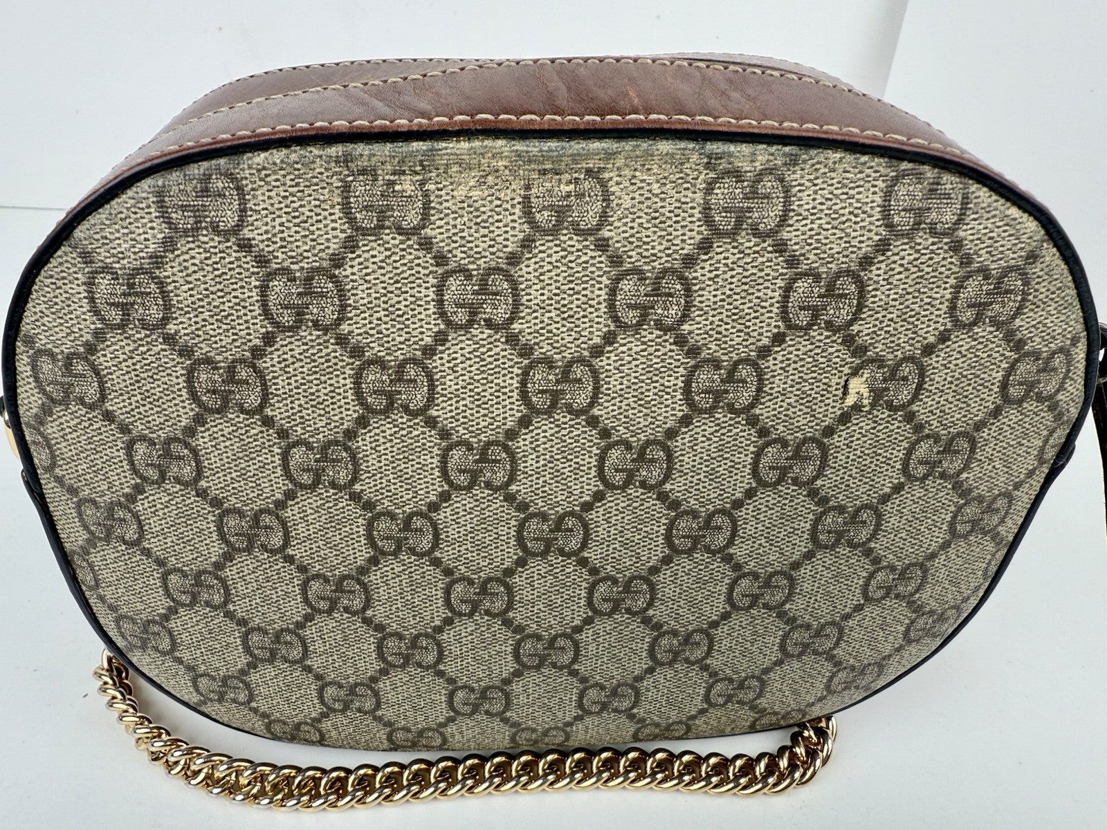Gucci GG Supreme Monogram Cuoio Toscano Mini Chain Shoulder Bag Beige Ebony Cuir