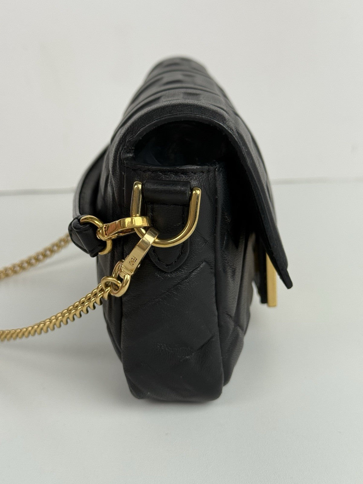 Fendi Mini Zucca Embossed Black Leather Baguette Satchel