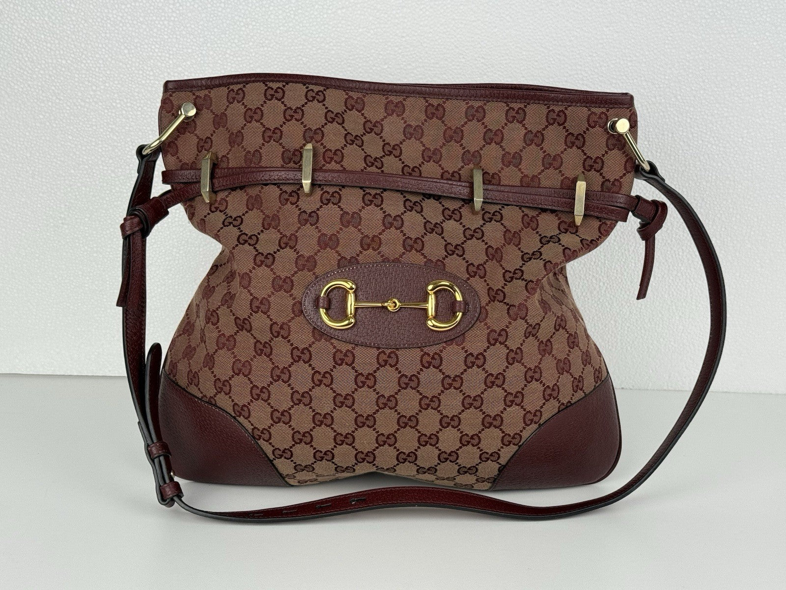 Gucci  Horsebit Burgundy Canvas Drawstring Shoulder Bag Canvas