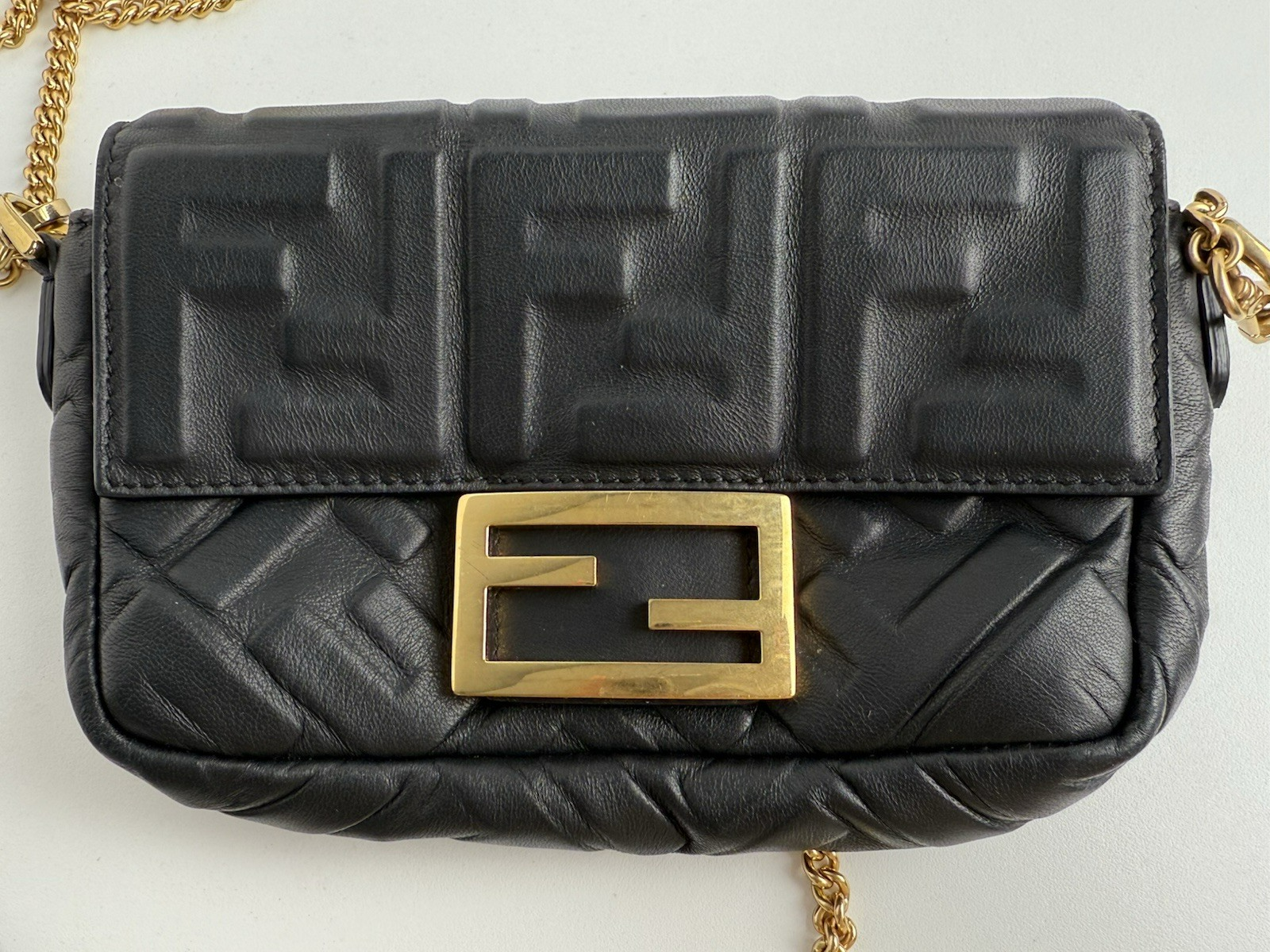 Fendi Mini Zucca Embossed Black Leather Baguette Satchel