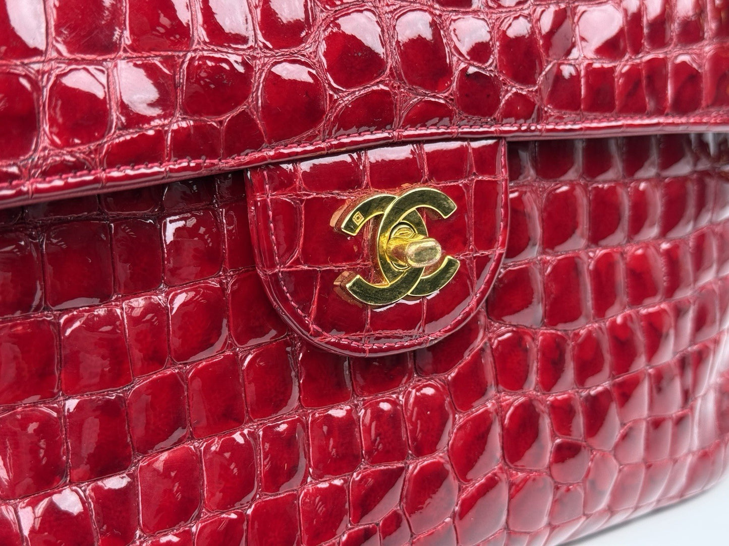 Chanel Vintage Patent Embossed Red Leather Flap Bag Maxi