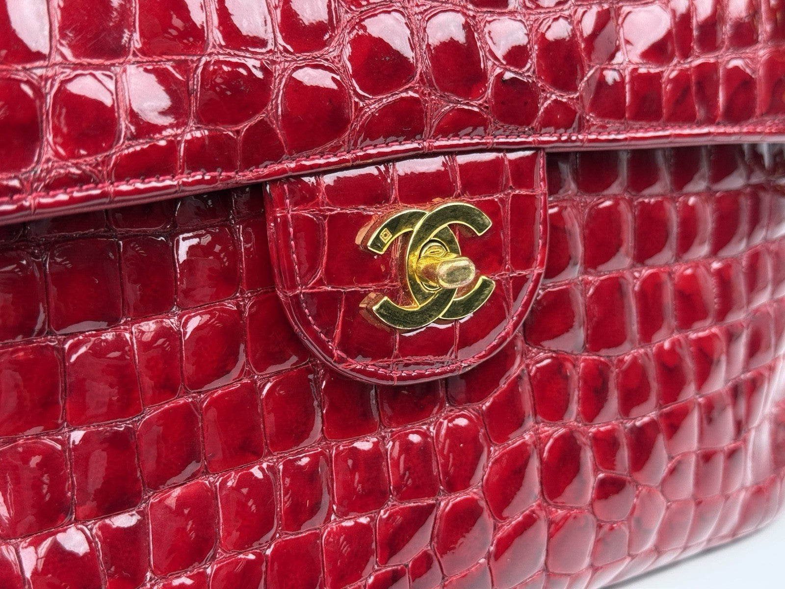 Chanel Vintage Patent Embossed Red Leather Flap Bag Maxi
