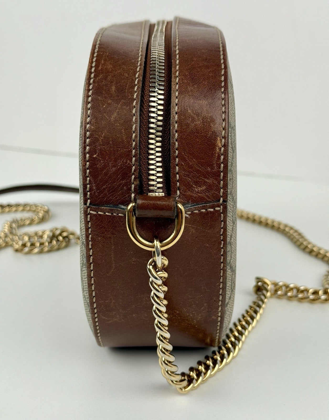 Gucci GG Supreme Monogram Cuoio Toscano Mini Chain Shoulder Bag Beige Ebony Cuir