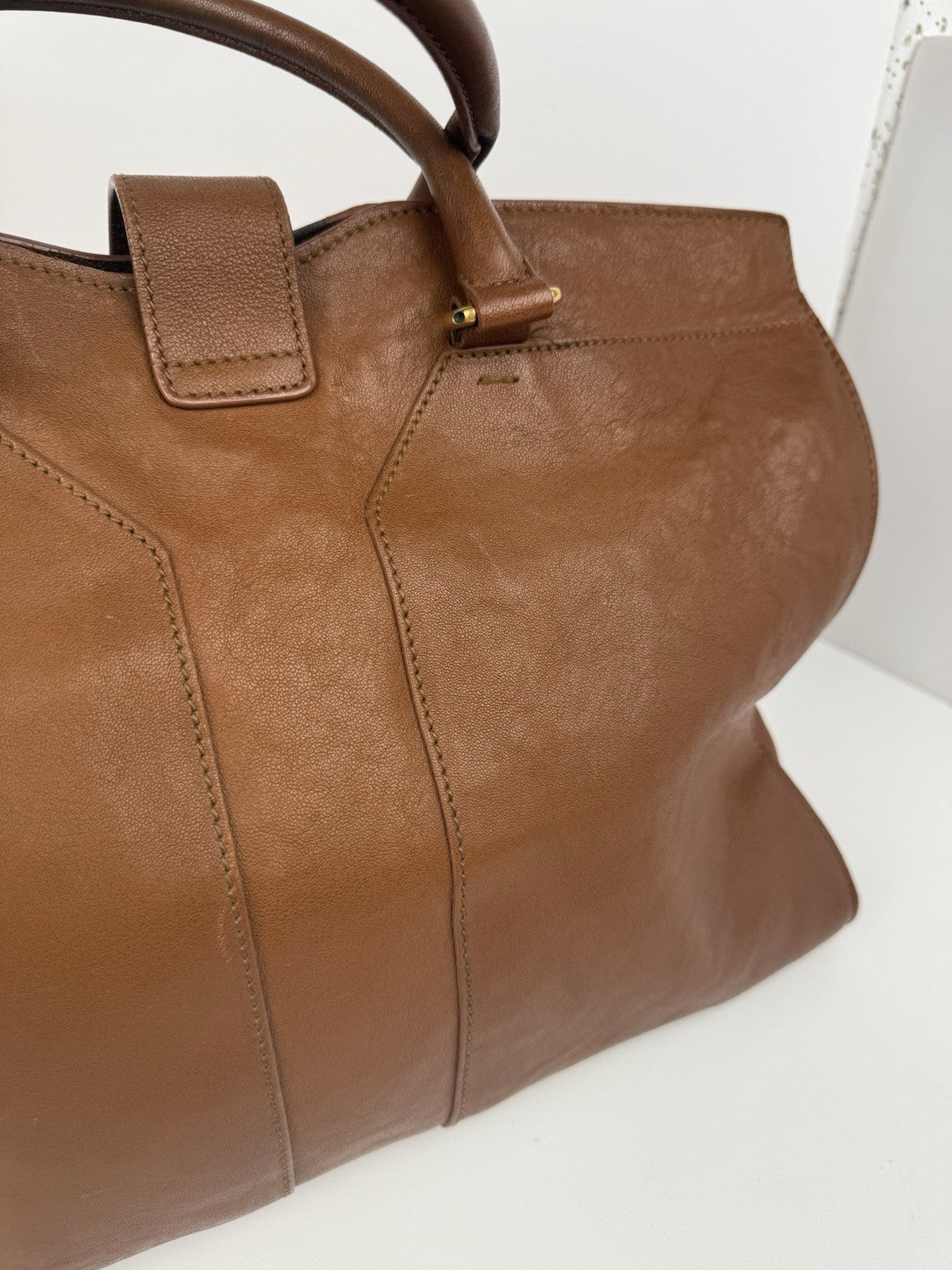 SAINT LAURENT Y Line Cabas Chic Handbag Women's Brown Leather Large