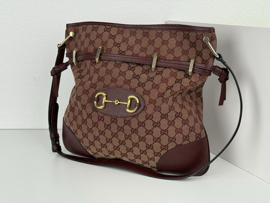 Gucci  Horsebit Burgundy Canvas Drawstring Shoulder Bag Canvas
