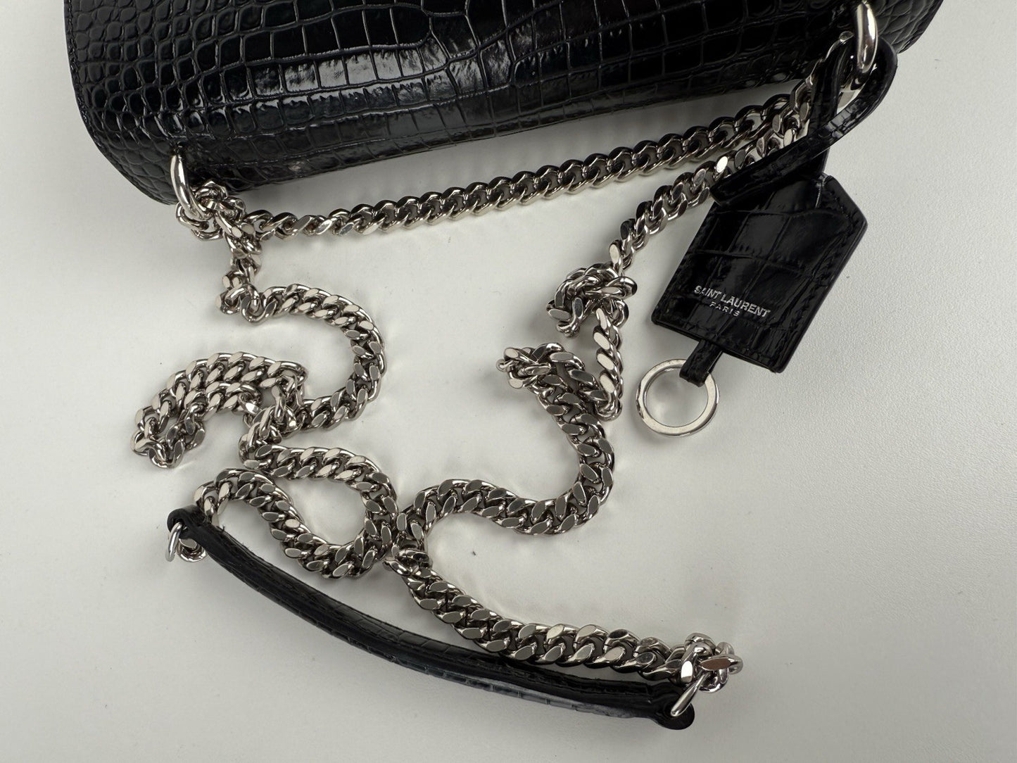 Saint Laurent Sunset Black Shiny Crocodile Embossed Leather Shoulder Bag