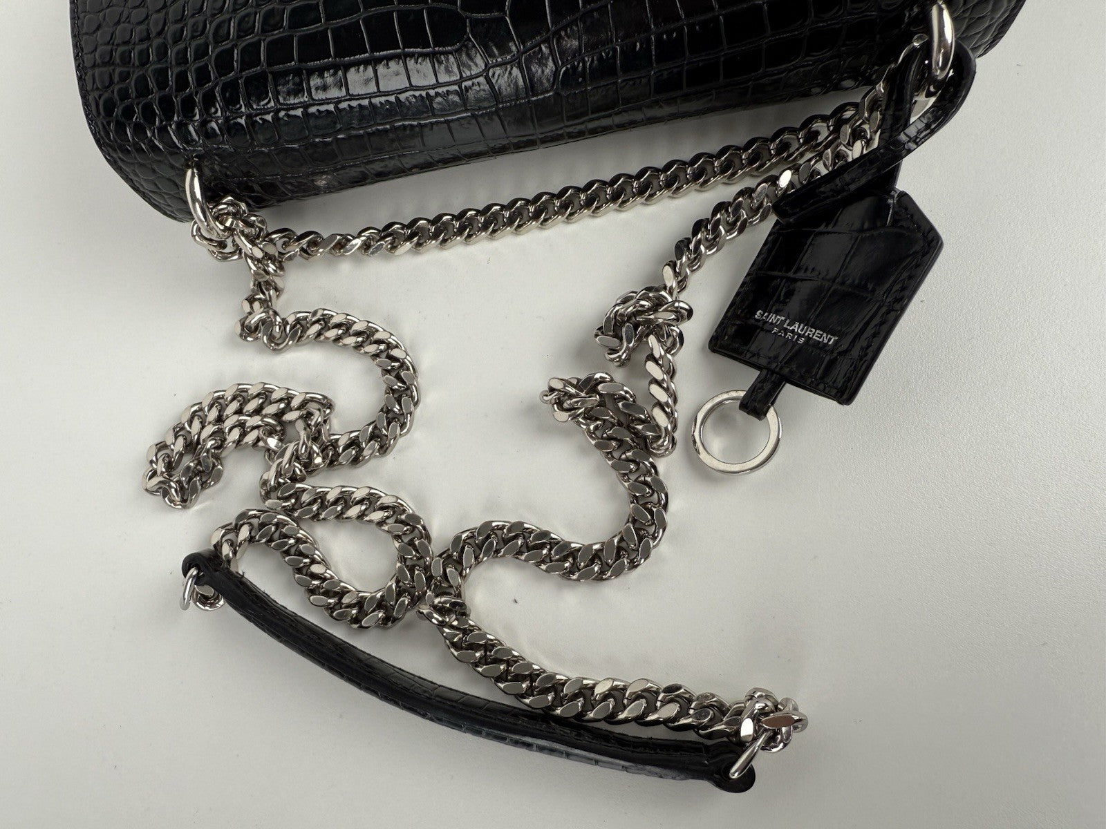 Saint Laurent Sunset Black Shiny Crocodile Embossed Leather Shoulder Bag