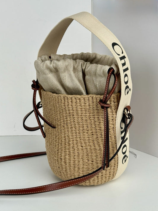 CHLOE Woody Small Raffia Basket Shoulder And Hand Bag 2 Way Canvas Leather
