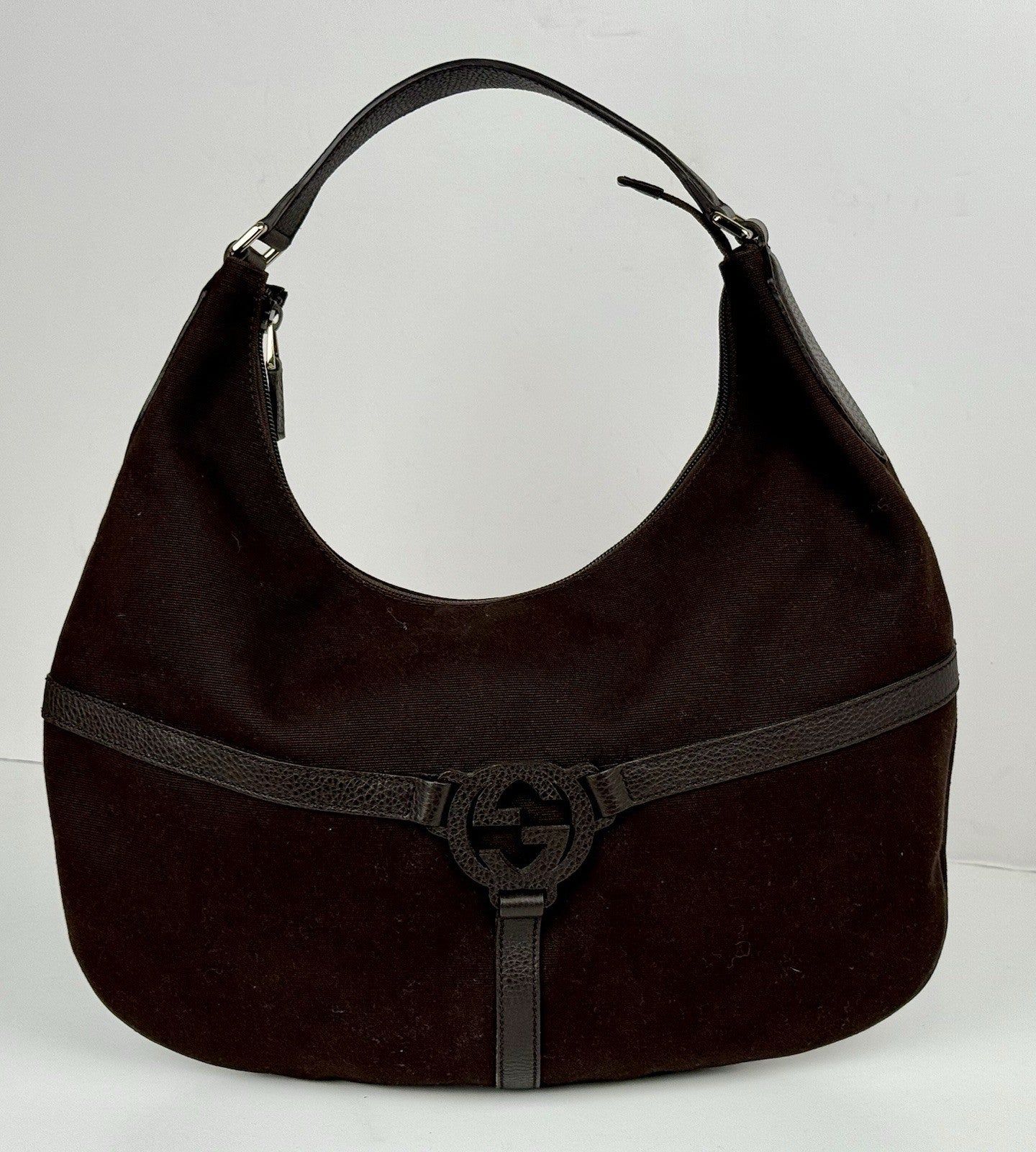 Gucci GG Dark Brown Canvas Medium Hobo Shoulder Bag