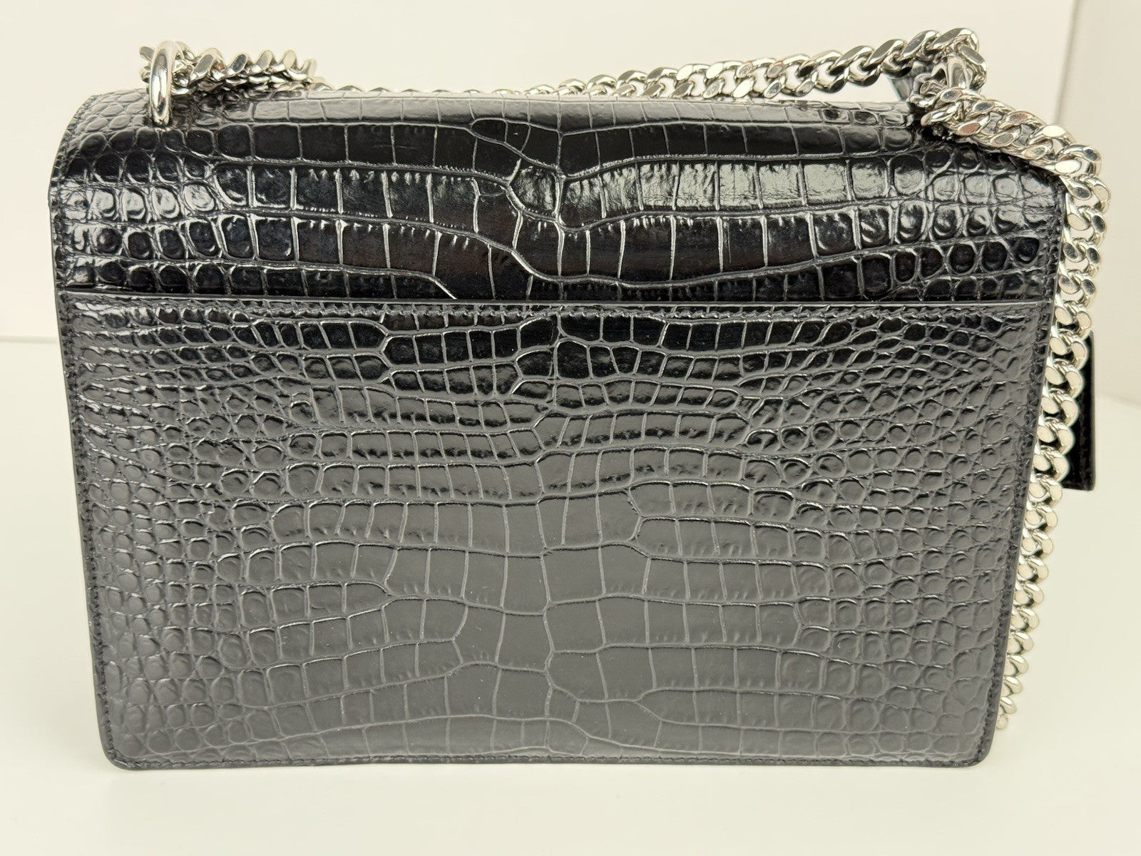 Saint Laurent Sunset Black Shiny Crocodile Embossed Leather Shoulder Bag