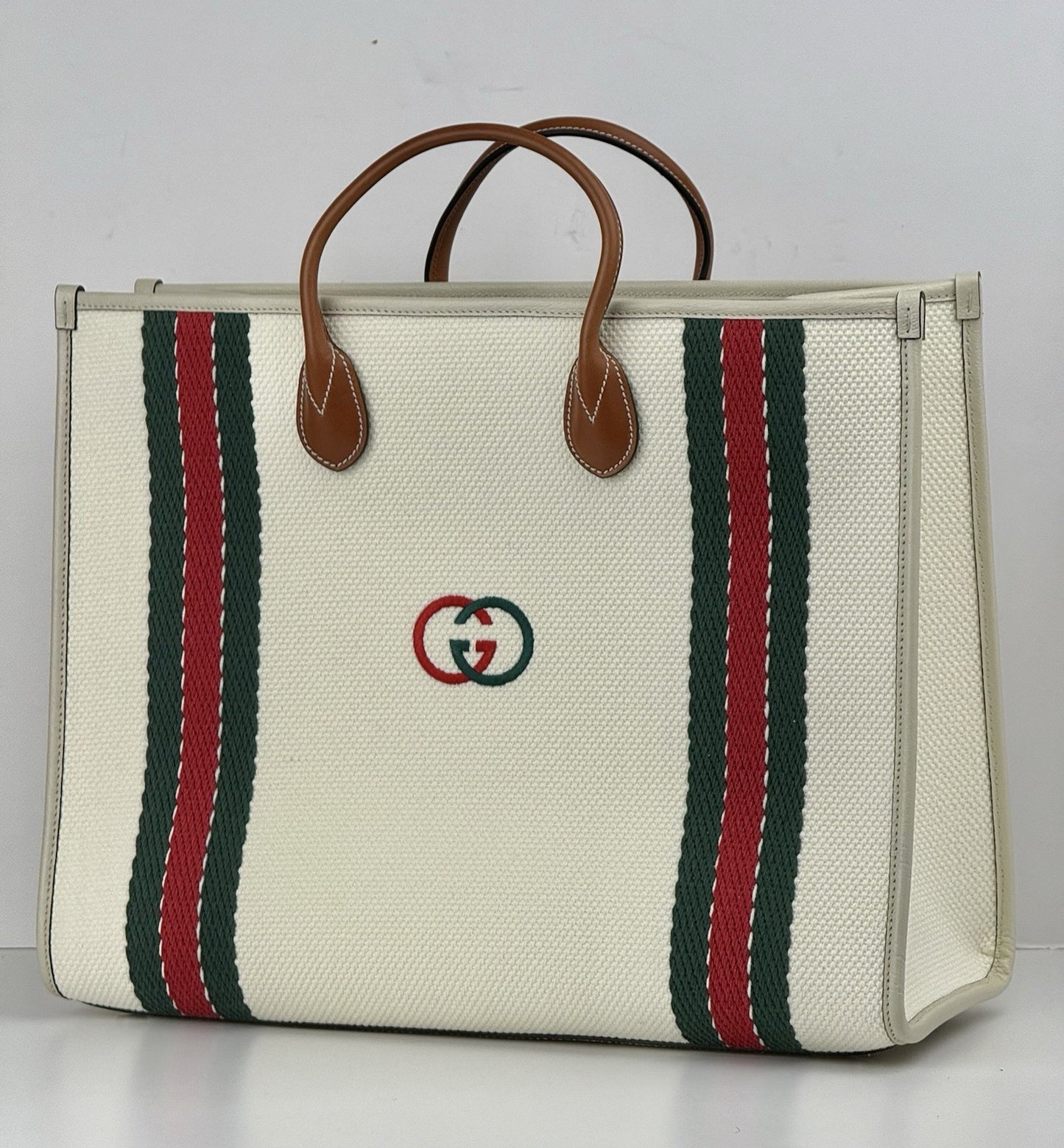 Gucci White Canvas/Leather GG Interlocking Top Handle Tote Bag