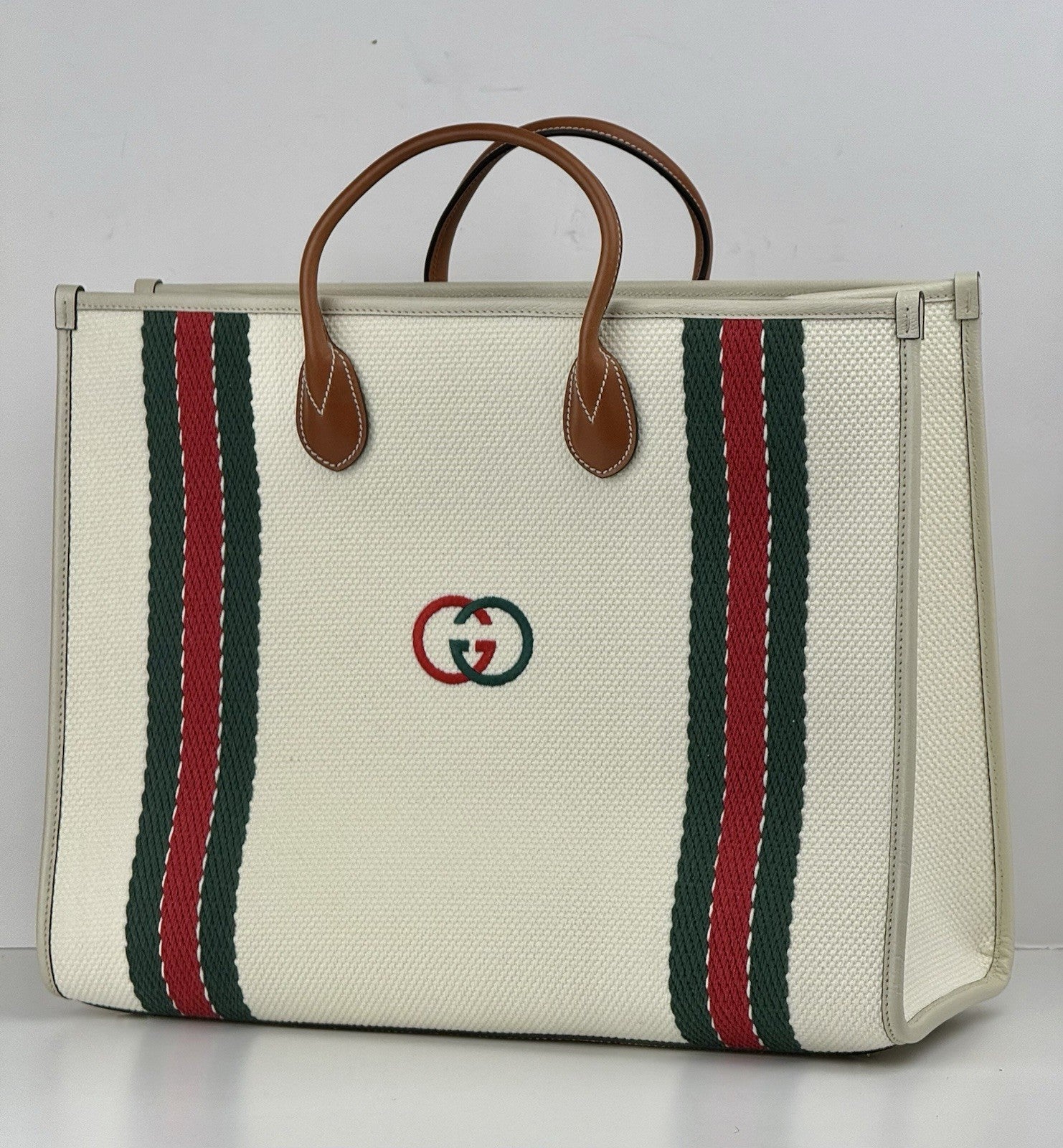 Gucci White Canvas/Leather GG Interlocking Top Handle Tote Bag