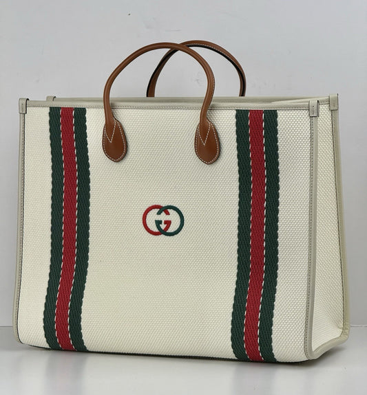 Gucci White Canvas/Leather GG Interlocking Top Handle Tote Bag