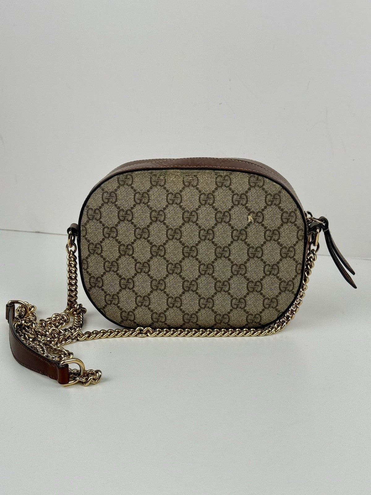 Gucci GG Supreme Monogram Cuoio Toscano Mini Chain Shoulder Bag Beige Ebony Cuir