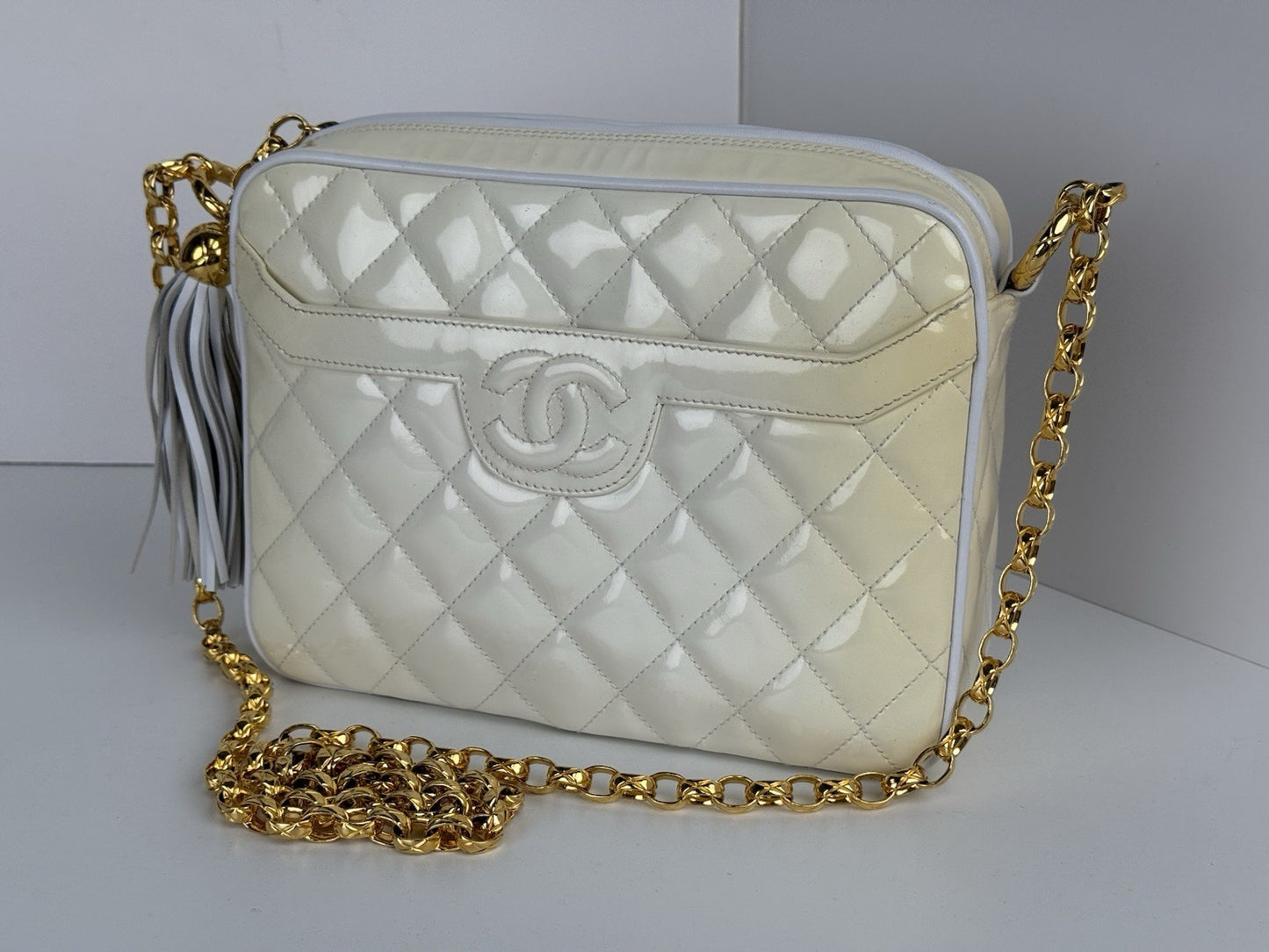 Chanel  Quilted Patent Cream Leather Camera Bag