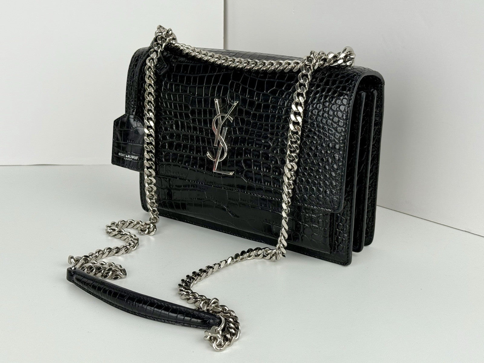 Saint Laurent Sunset Black Shiny Crocodile Embossed Leather Shoulder Bag