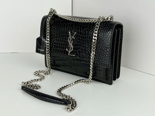 Saint Laurent Sunset Black Shiny Crocodile Embossed Leather Shoulder Bag