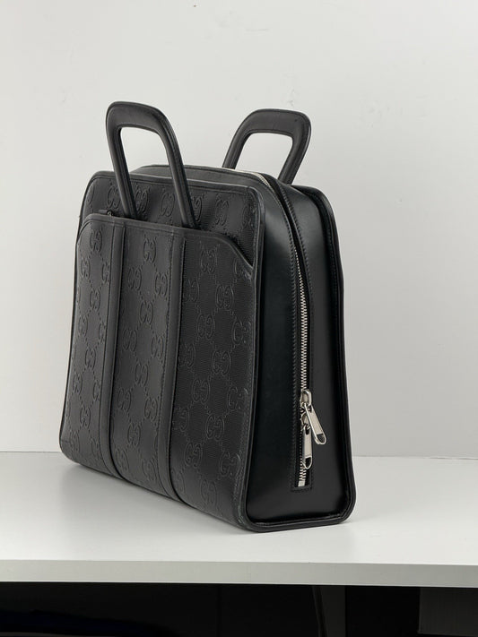 GUCCI Embossed Black Leather Briefcase Bag