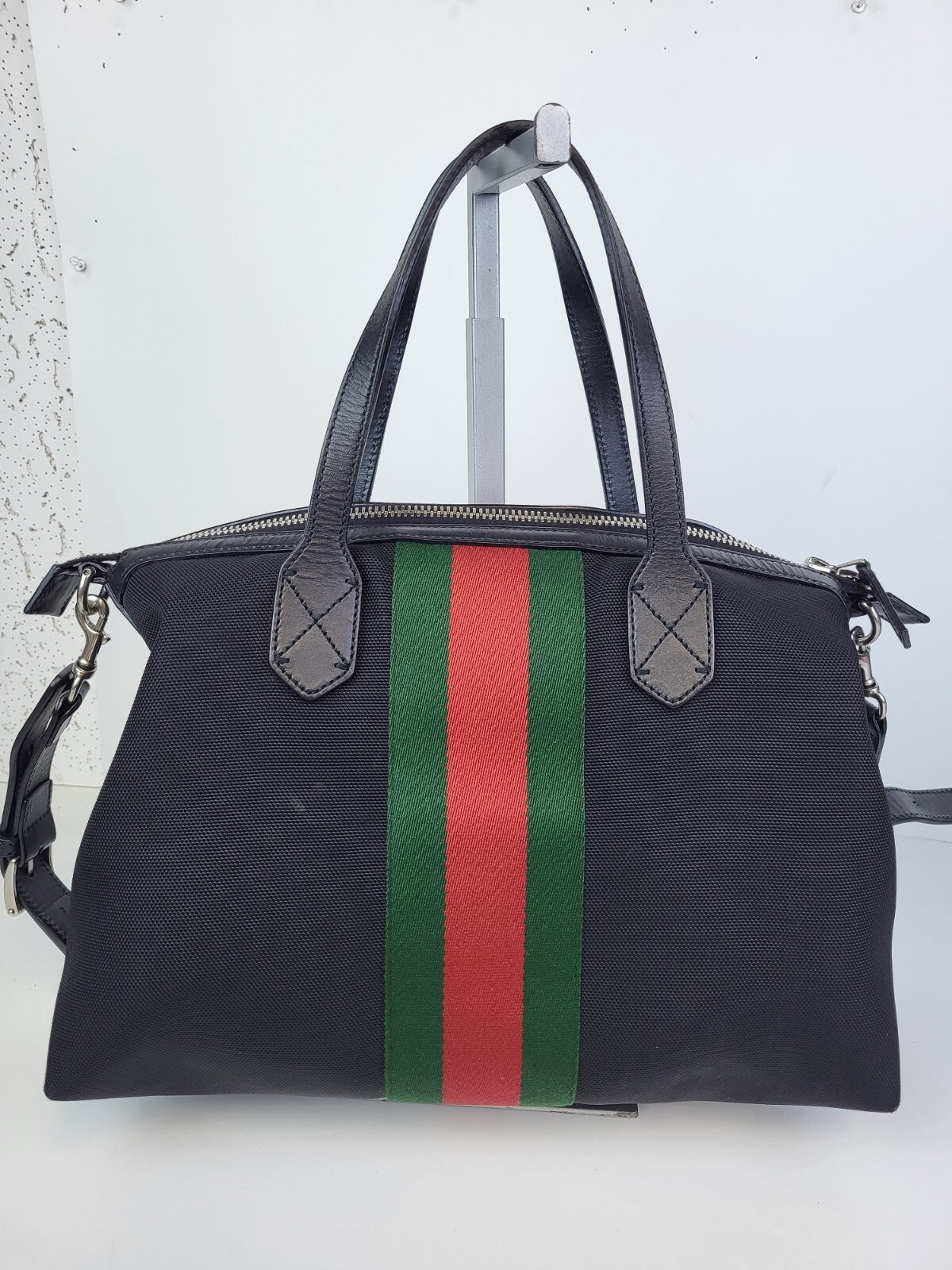 Gucci Nylon Web Top Handle Shoulder Bag Black