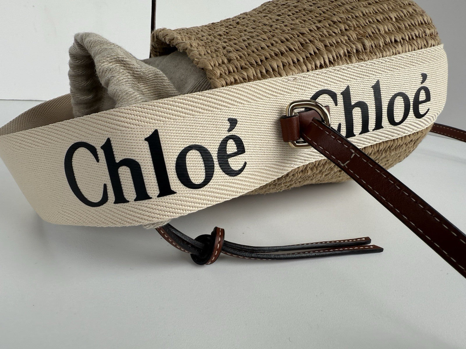 CHLOE Woody Small Raffia Basket Shoulder And Hand Bag 2 Way Canvas Leather