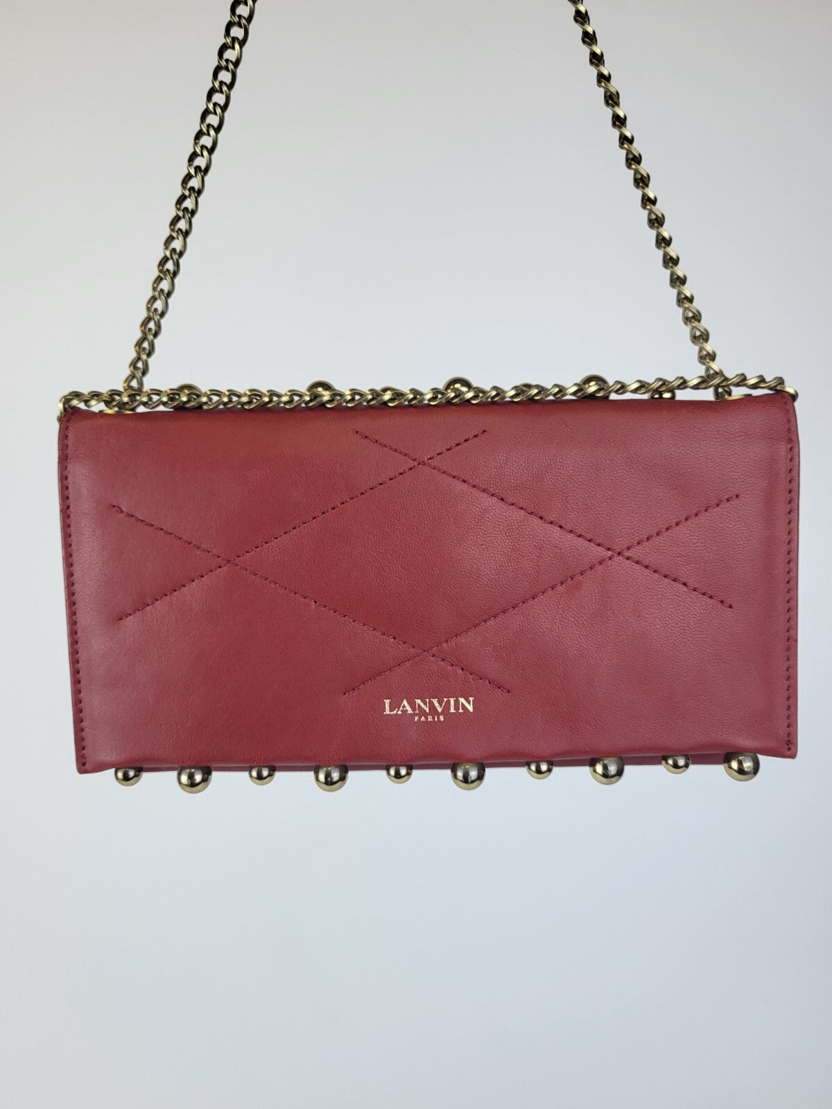 LANVIN Sugar Pearl Chain Strap Crossbody Shoulder Lambskin Wallet Purse - Red