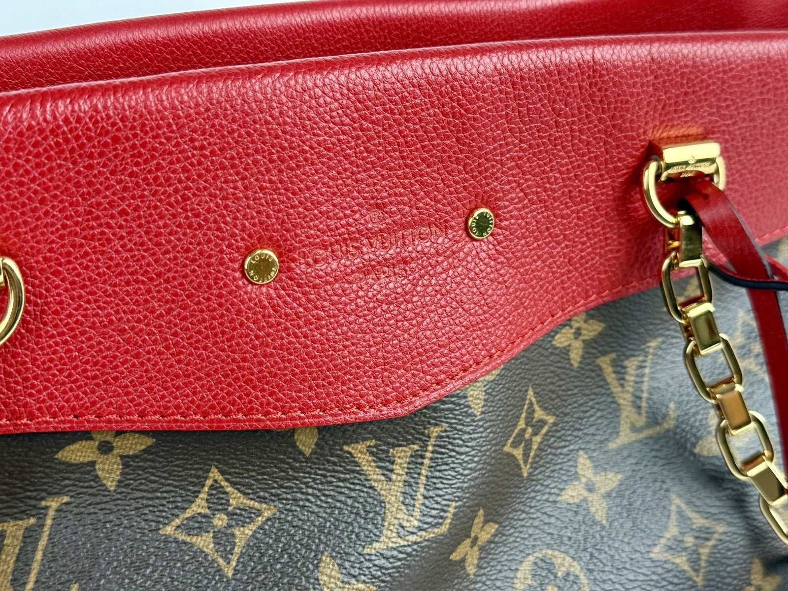 Louis Vuitton Bag Pallas Shopper Monogram Tote Brown/Red Canvas Leather