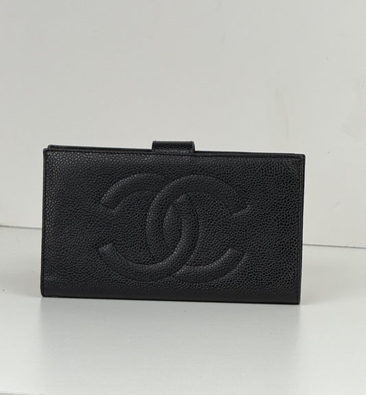 CHANEL Vintage CC Timeless French Long Wallet Purse Caviar Black