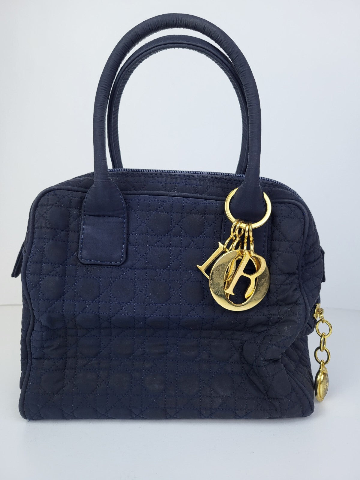 Dior Cannage Fabric Vintage Satchel Bag Navy Blue 