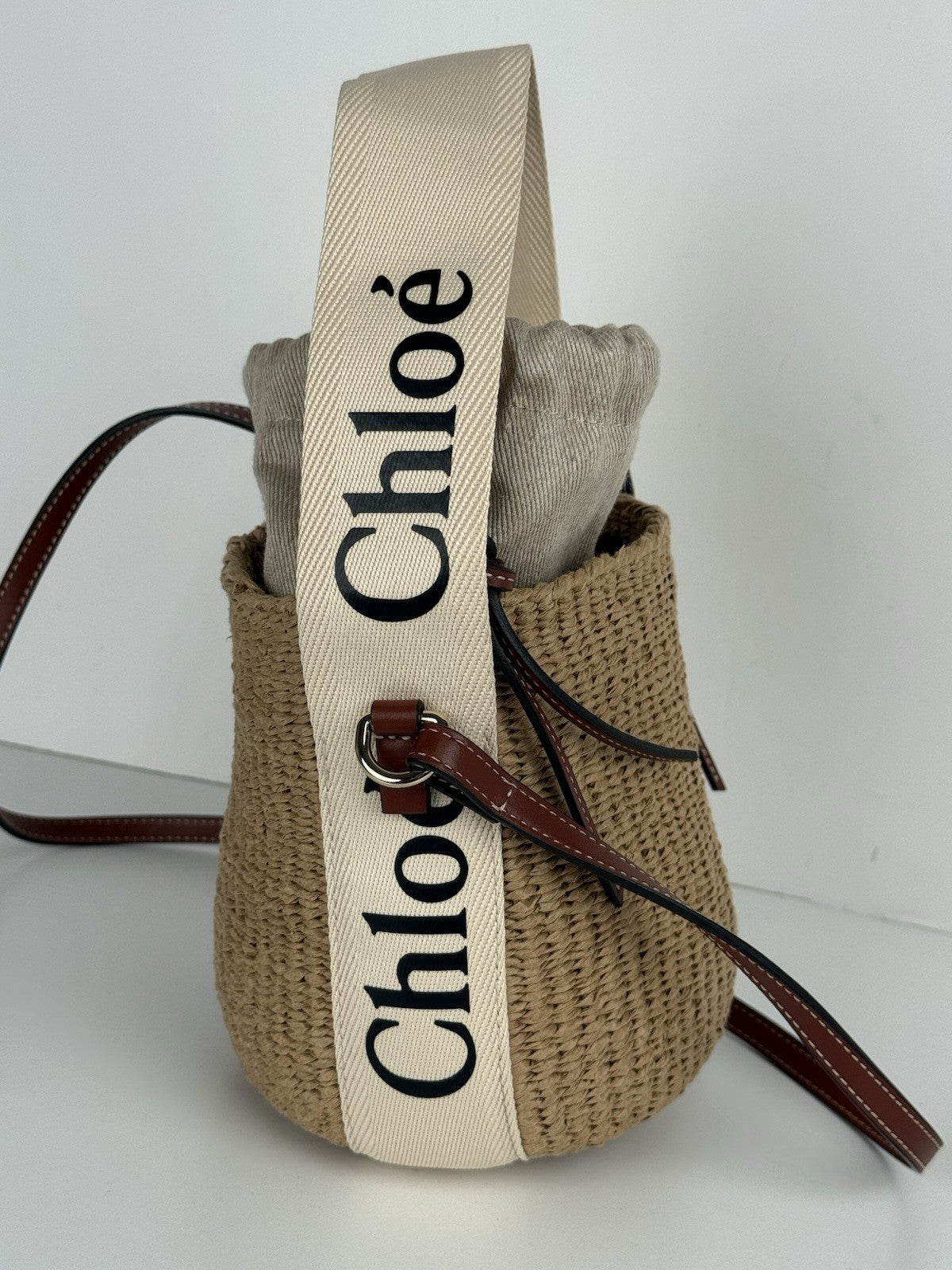 CHLOE Woody Small Raffia Basket Shoulder And Hand Bag 2 Way Canvas Leather